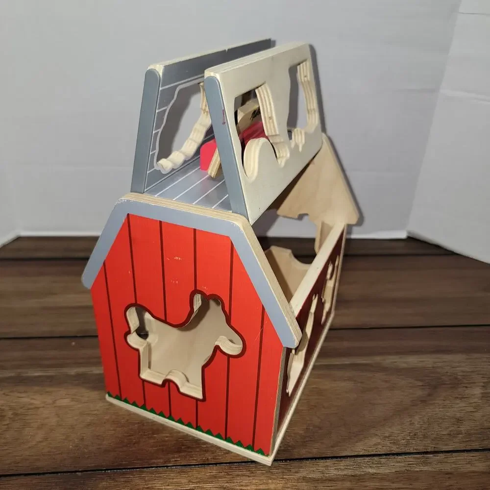 Melissa & Doug Wooden Take-Along Sorting Barn w/ Flip Up Roof & Handle - 10 Pc